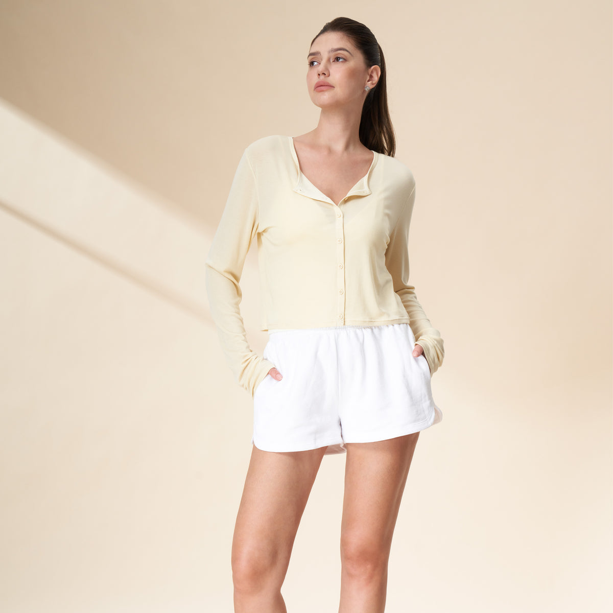 Tencel Wool Blend Button-Front Cropped Cardigan