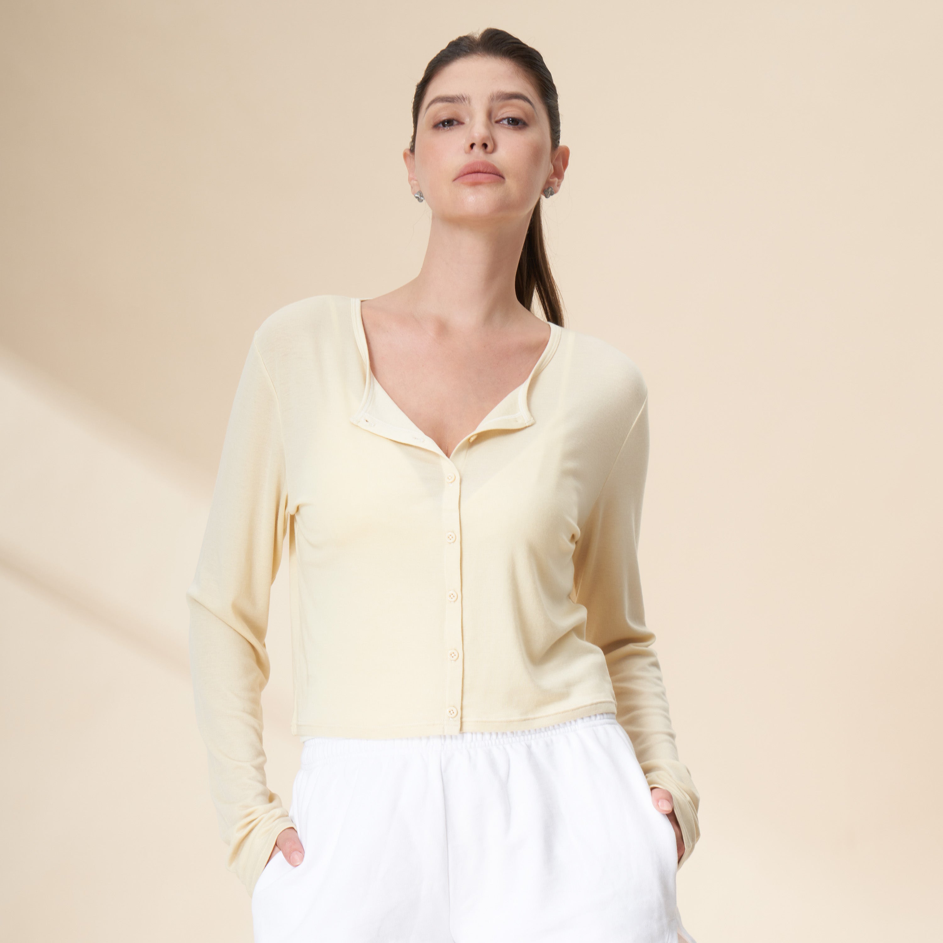 Tencel Wool Blend Button-Front Cropped Cardigan