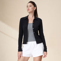 Tencel Merino Wool Polo Collar Full Button Front Long Sleeve Knit Top