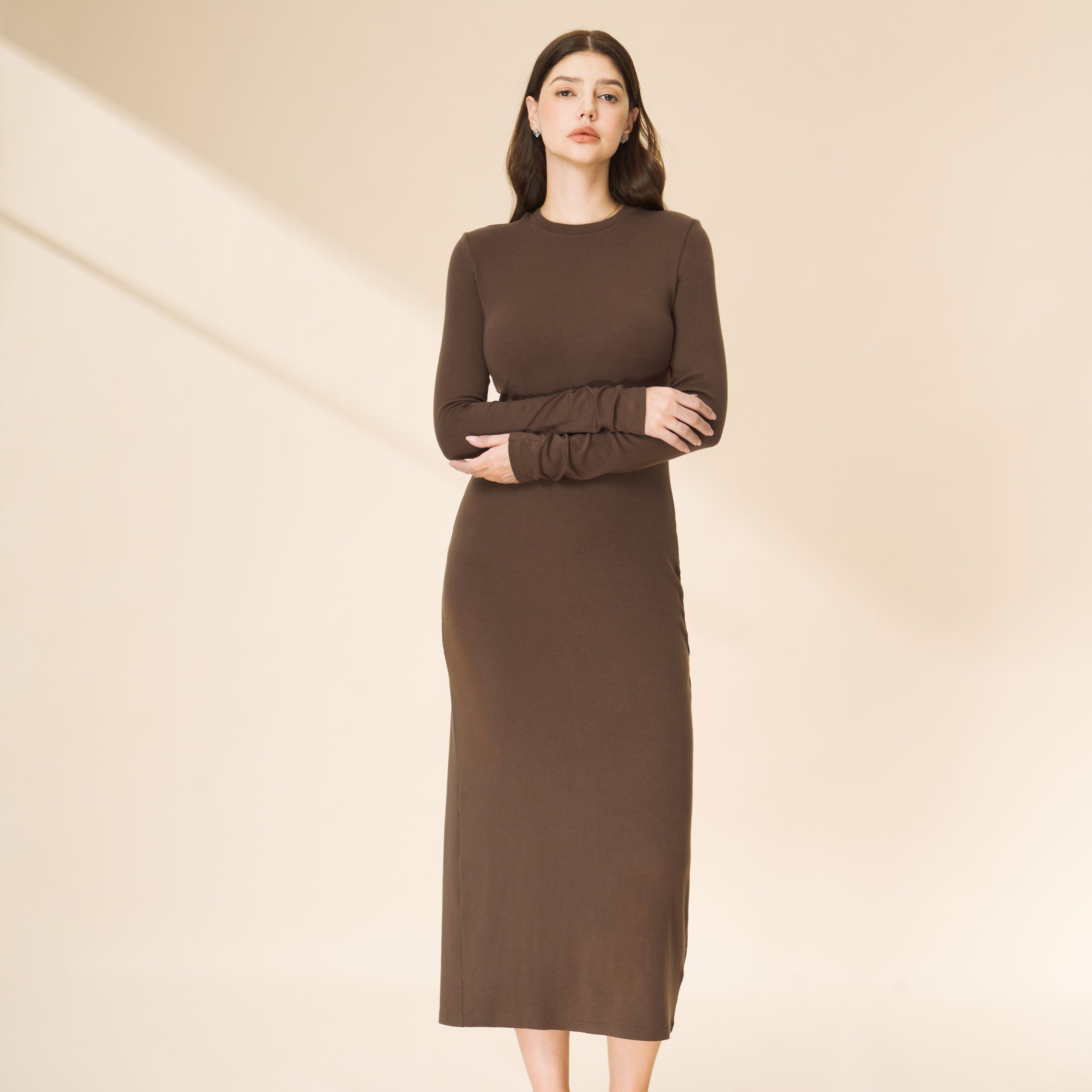 Tencel & Merino Wool Crew Neck Long Sleeve Maxi Dress