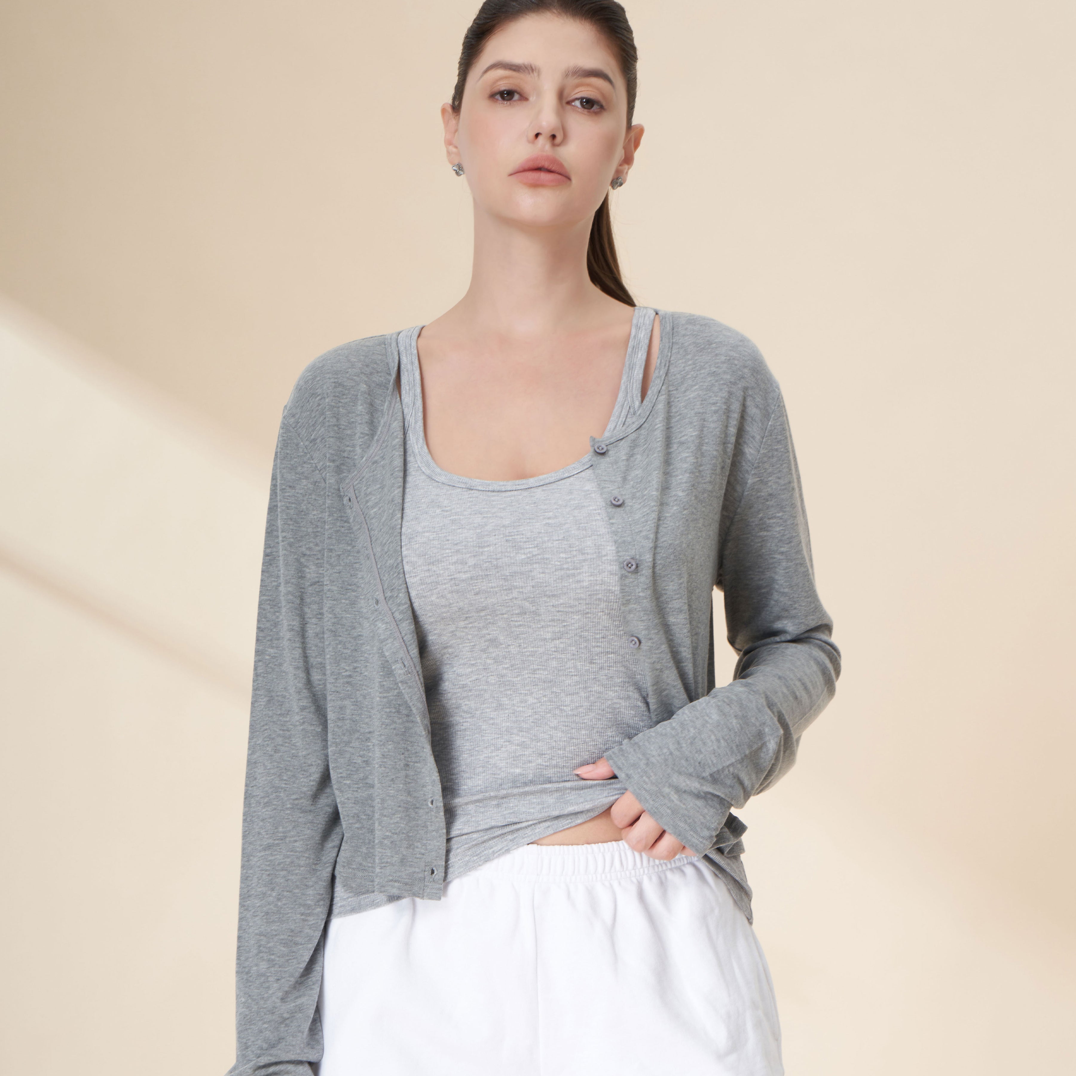 Tencel Wool Blend Button-Front Cropped Cardigan
