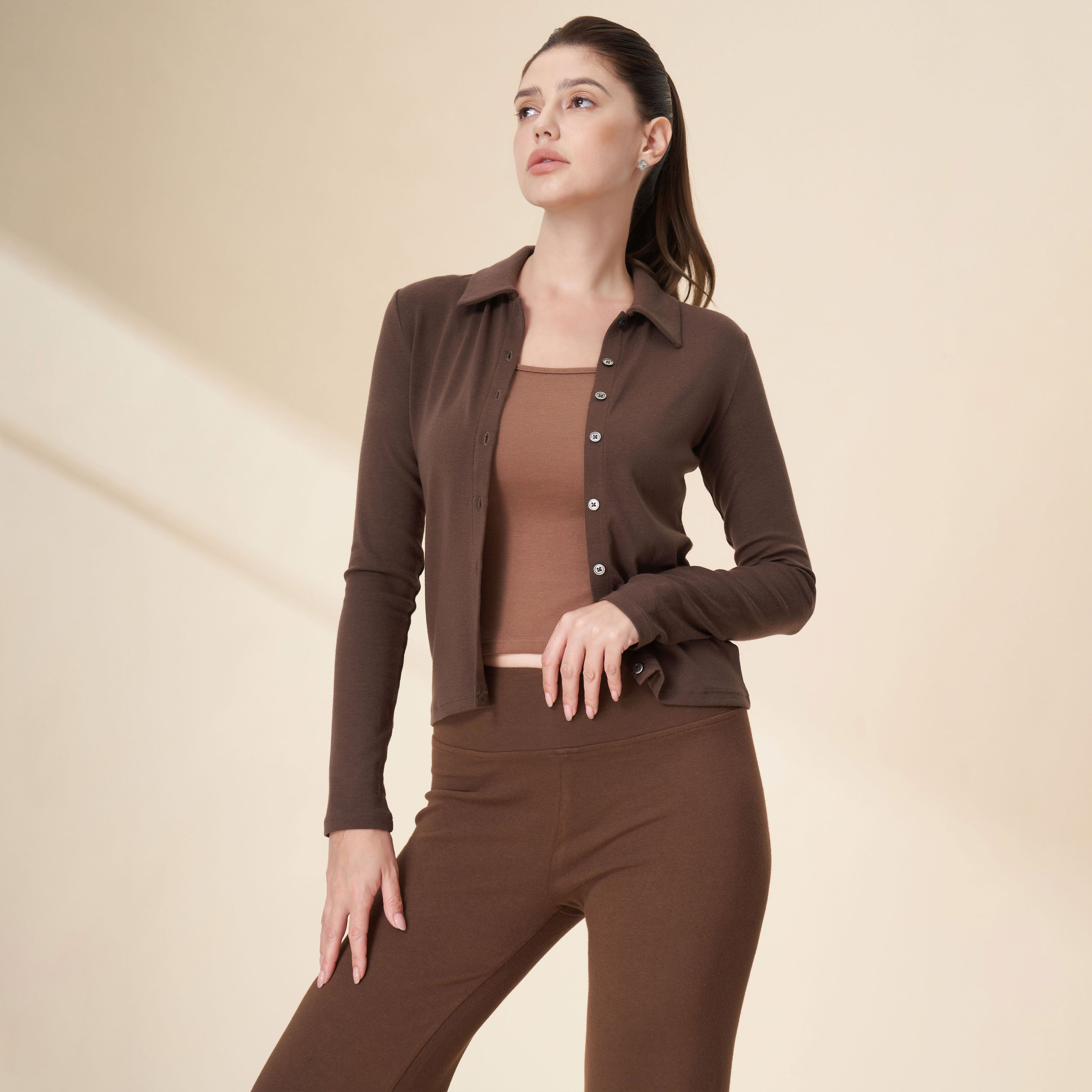 Tencel Merino Wool Polo Collar Full Button Front Long Sleeve Knit Top