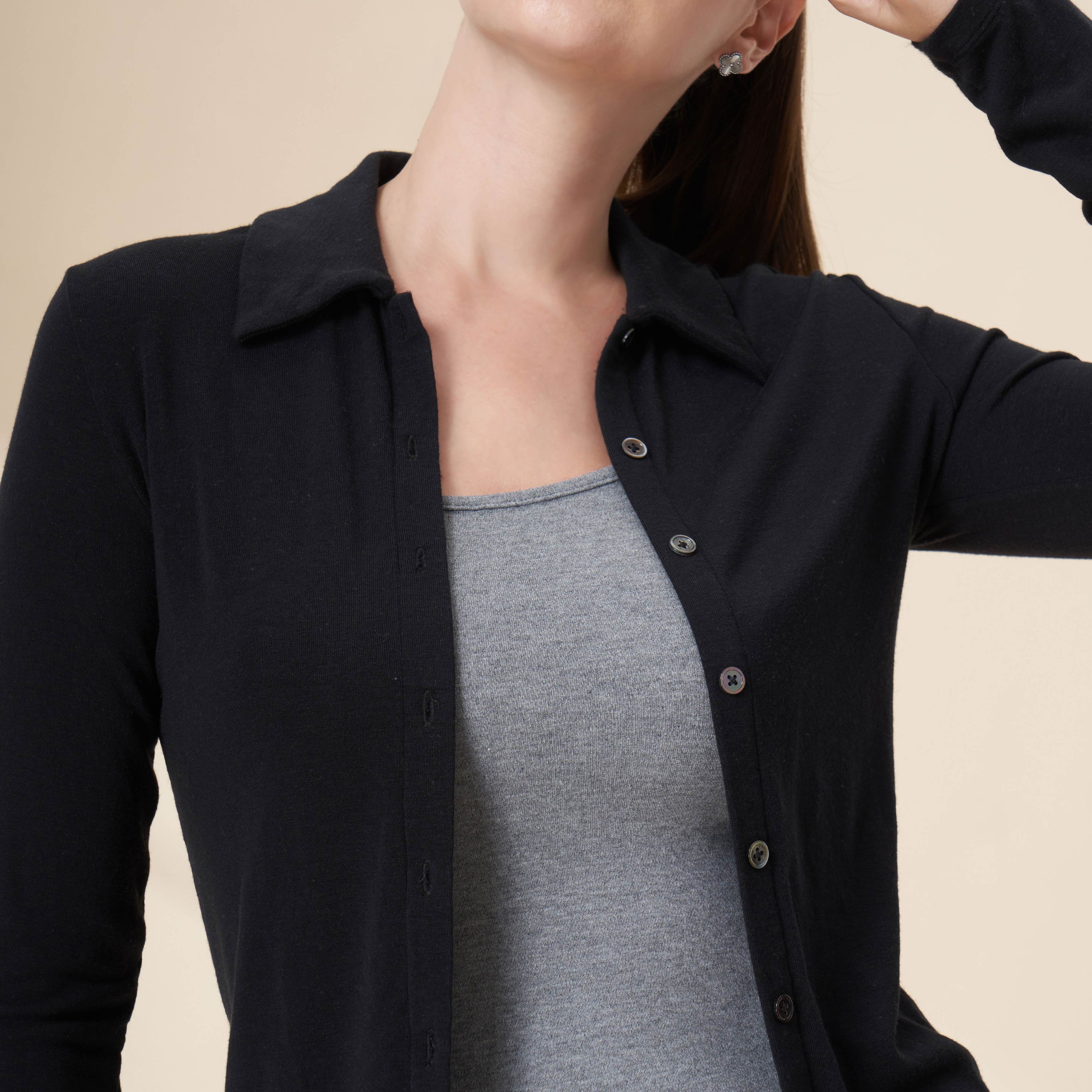 Tencel Merino Wool Polo Collar Full Button Front Long Sleeve Knit Top