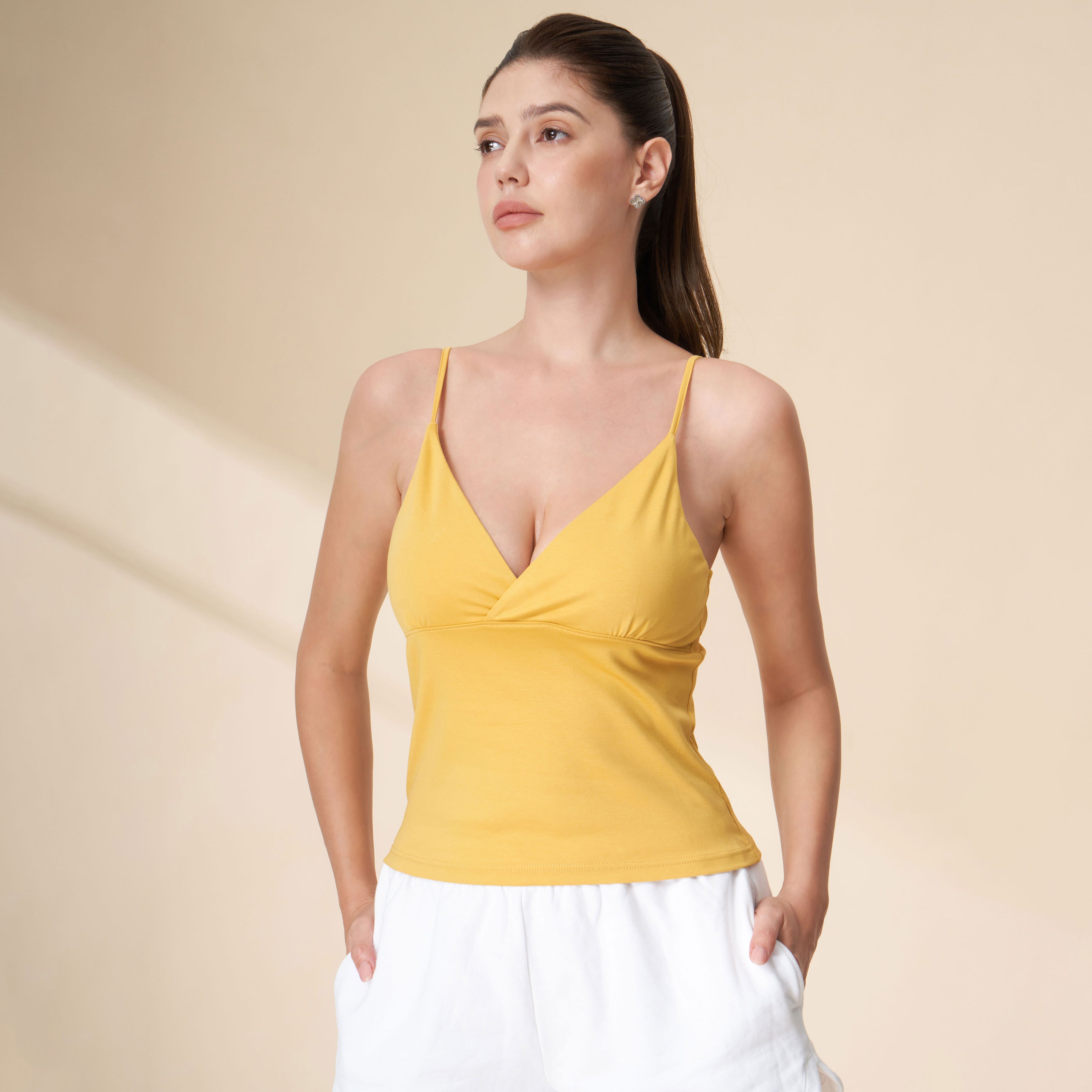 Cotton Modal Surplice Ruched Bust V-Neck Thin Strap Crop Cami Top