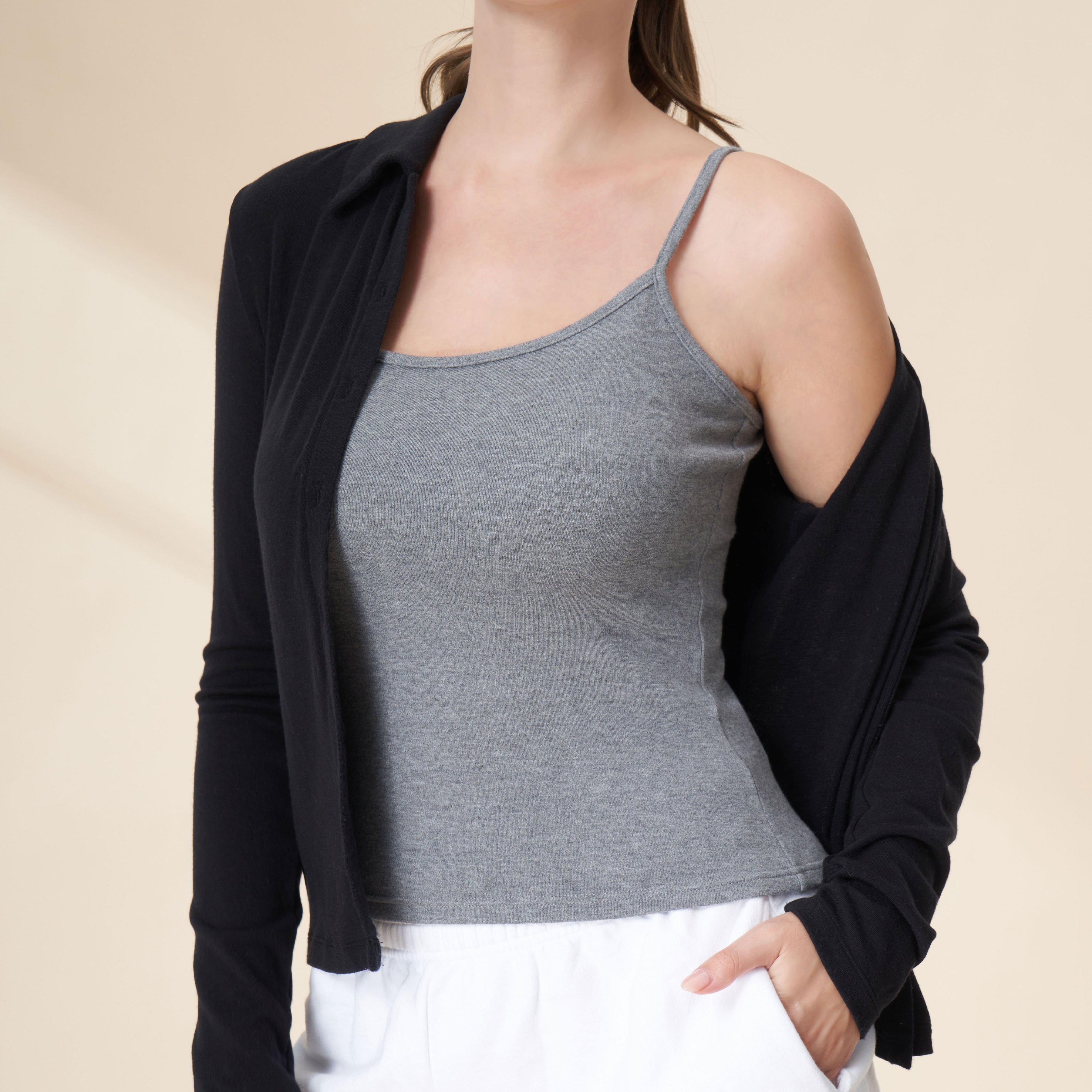 Tencel Merino Wool Polo Collar Full Button Front Long Sleeve Knit Top