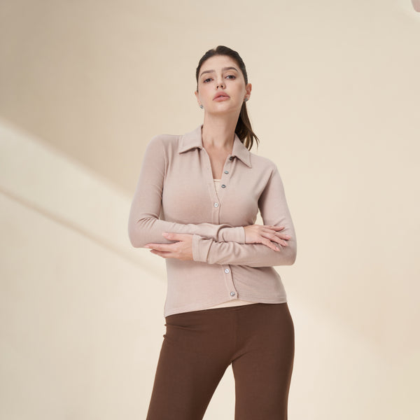 Tencel Merino Wool Polo Button Front Long Sleeve Top