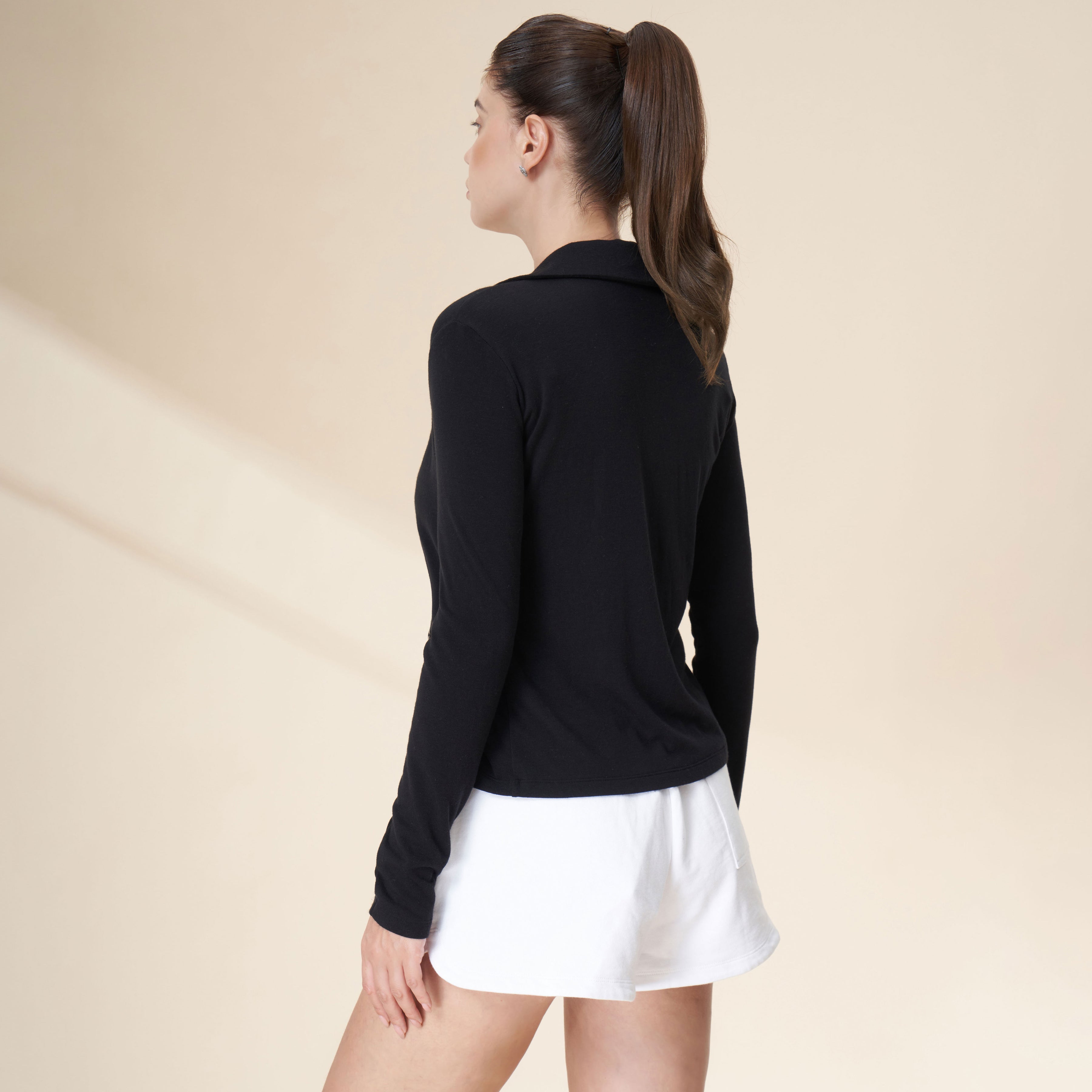 Tencel Merino Wool Polo Collar Full Button Front Long Sleeve Knit Top