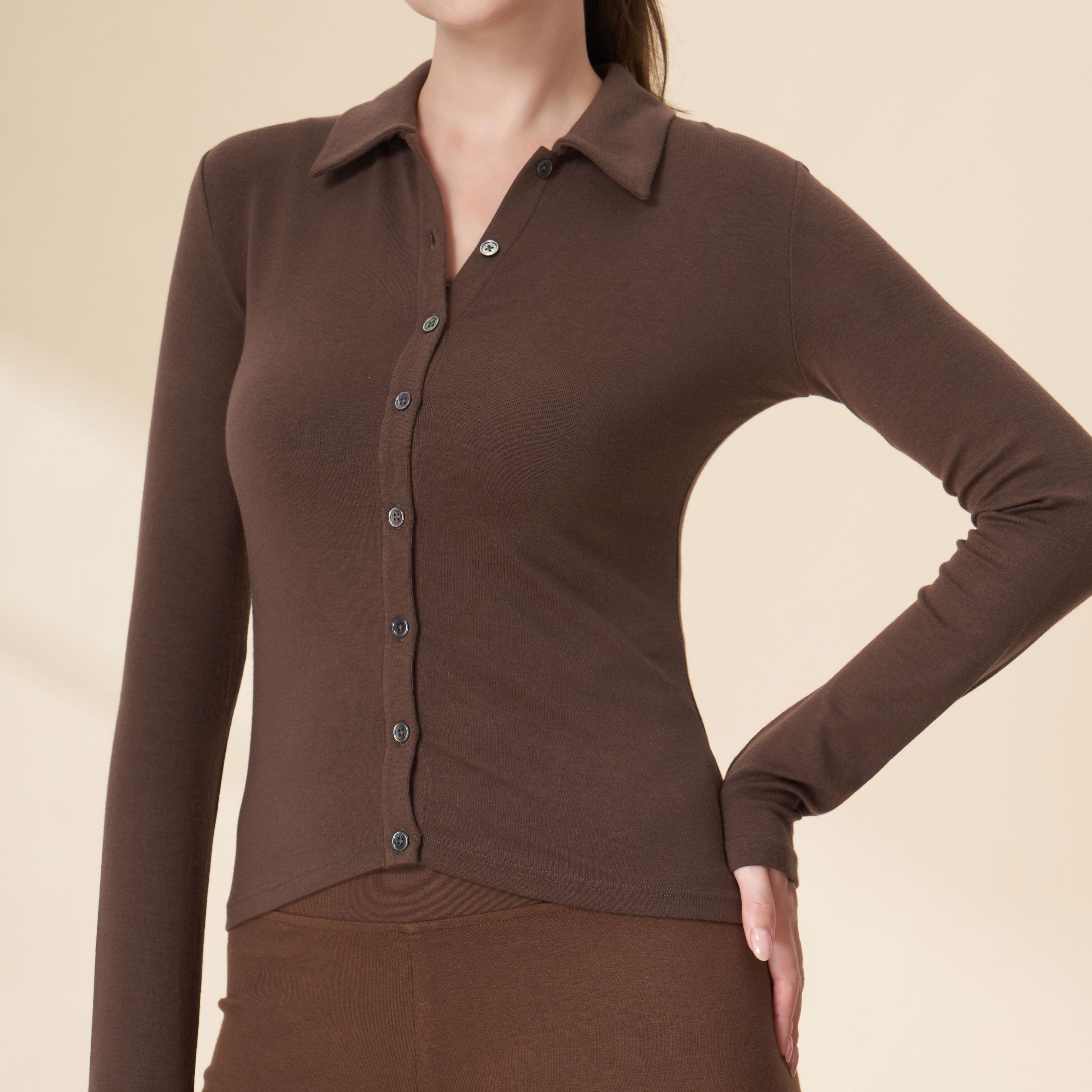 Tencel Merino Wool Polo Collar Full Button Front Long Sleeve Knit Top