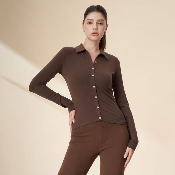 Tencel Merino Wool Polo Collar Full Button Front Long Sleeve Knit Top