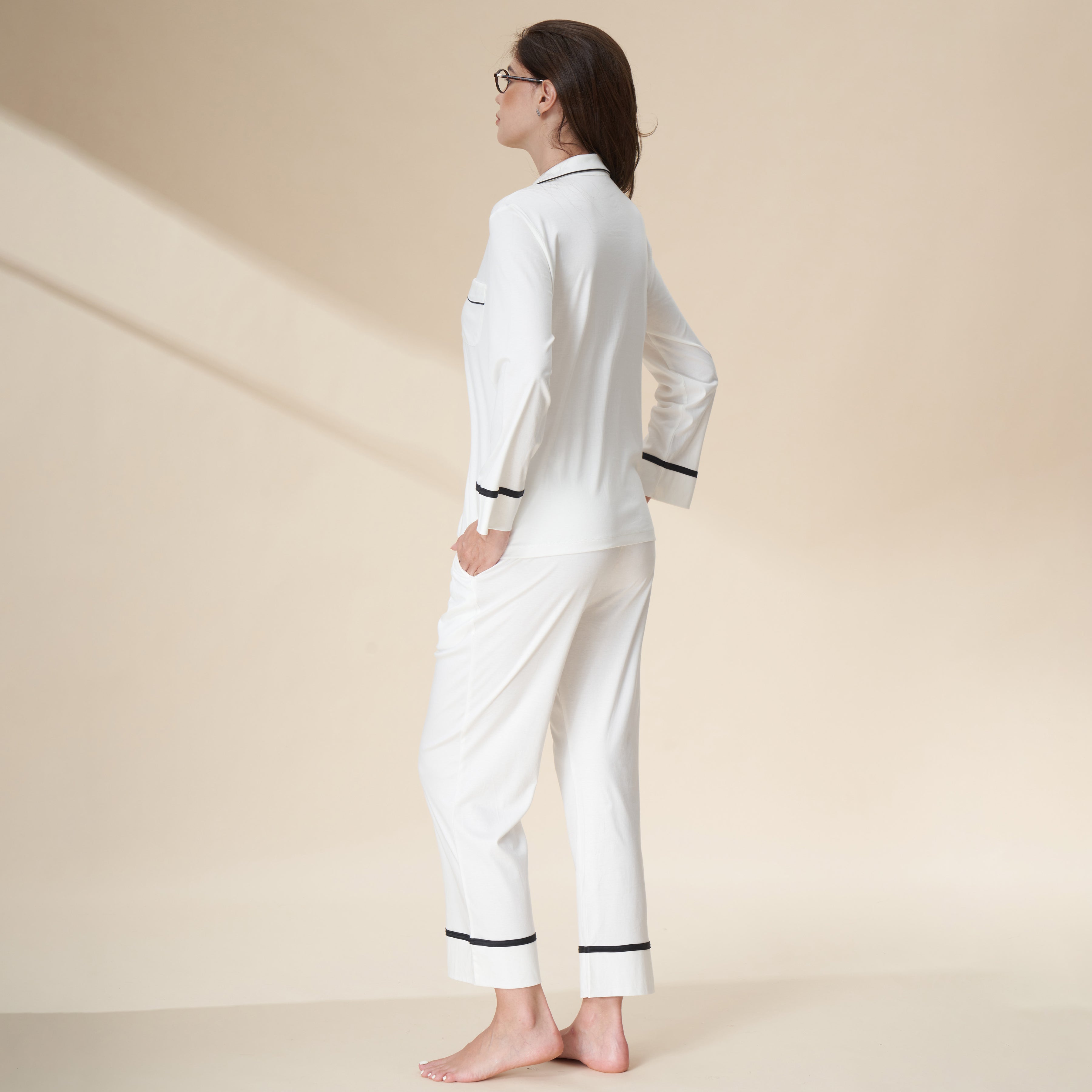 Silk Modal Cotton Blend Long-Sleeve Long Pants Pajama Set
