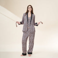 Blush Leopard 3Pcs Loungewear Set Cami Pants & Lapel Robe