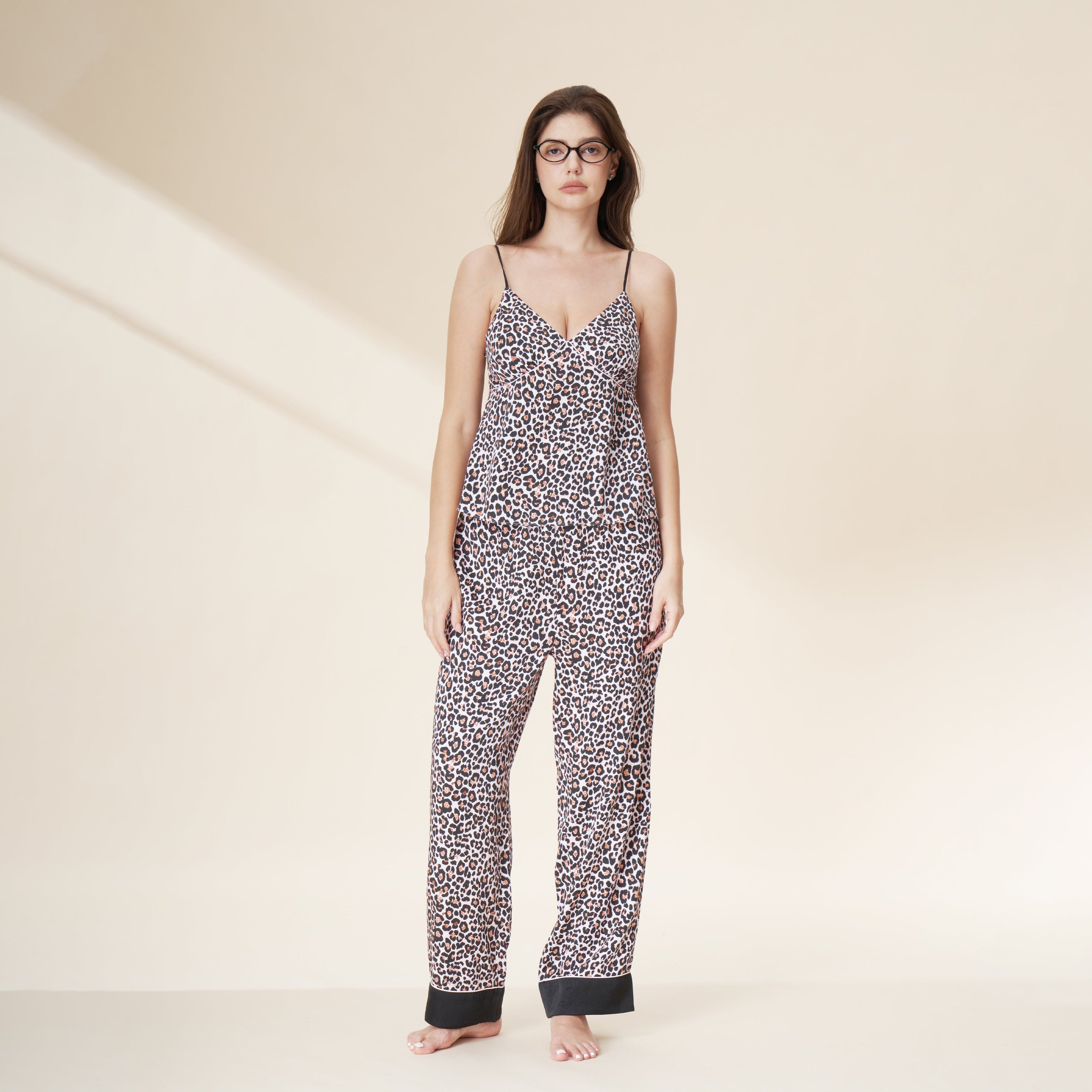 Blush Leopard 3Pcs Loungewear Set Cami Pants & Lapel Robe