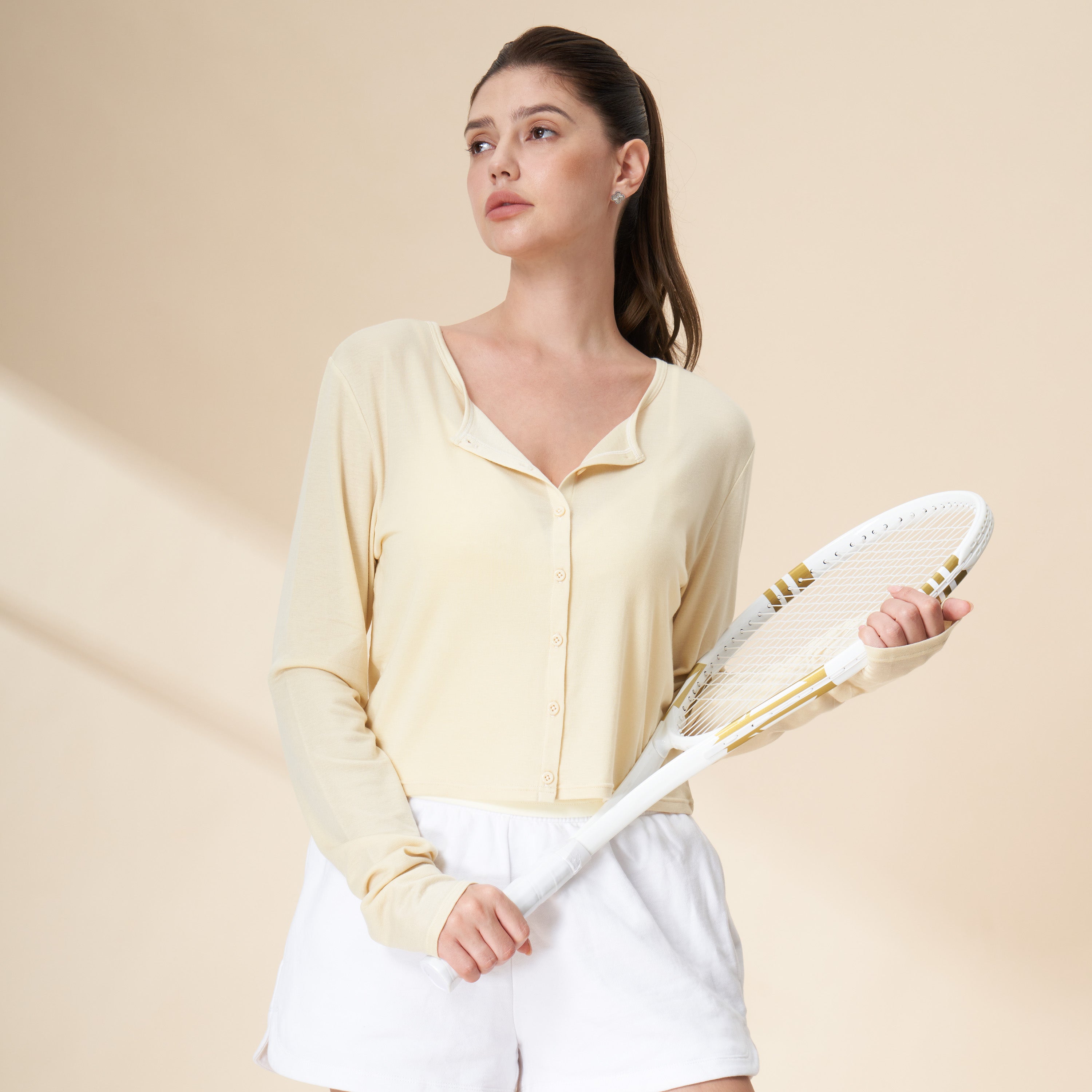 Tencel Wool Blend Button-Front Cropped Cardigan