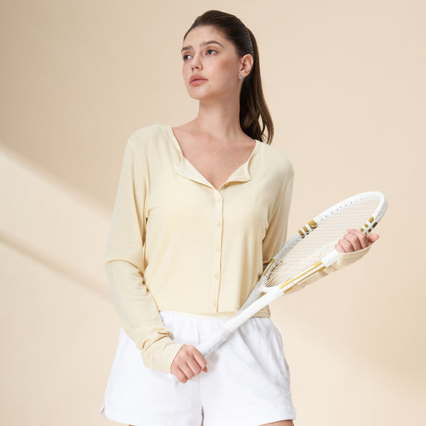 Tencel Wool Blend Button-Front Cropped Cardigan