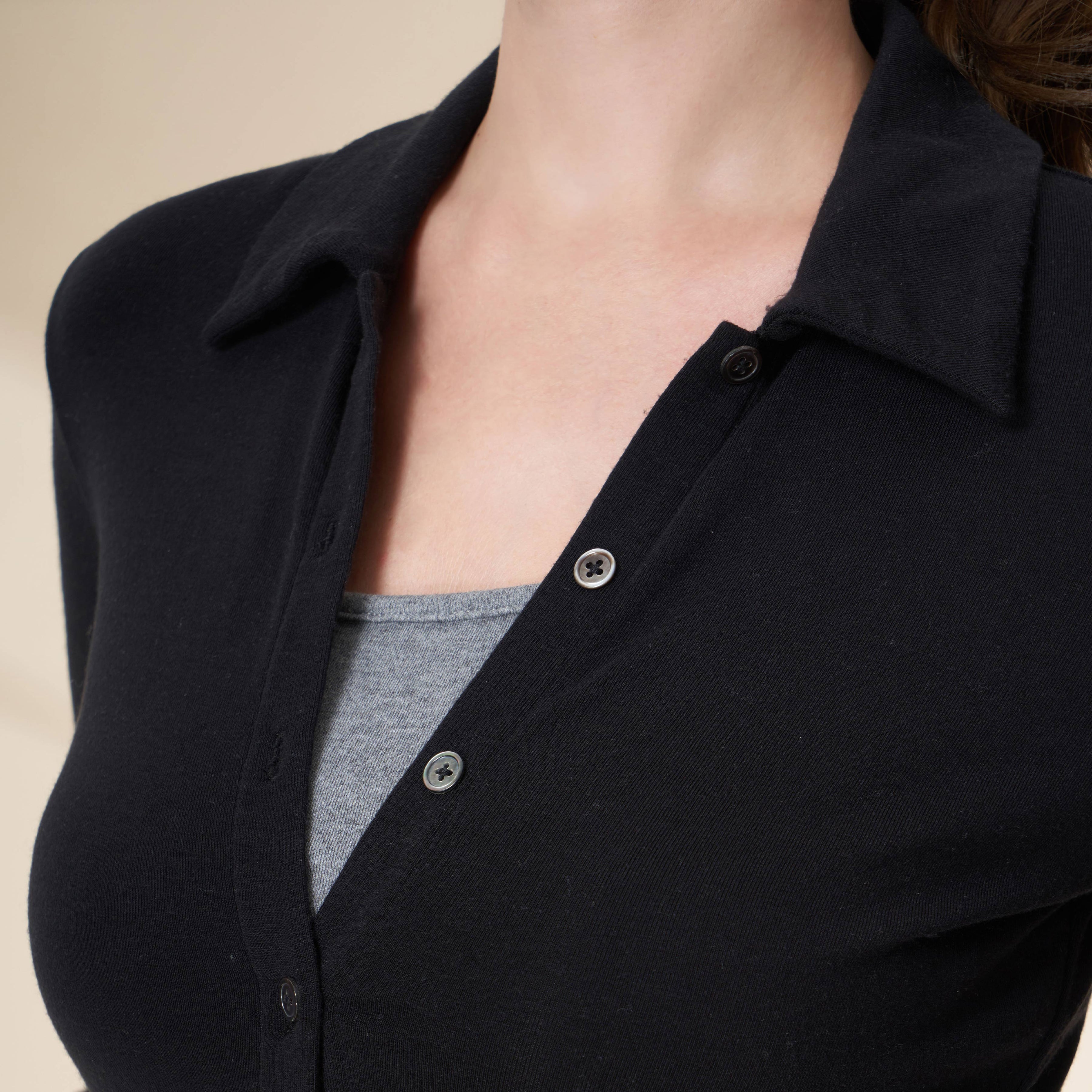Tencel Merino Wool Polo Collar Full Button Front Long Sleeve Knit Top