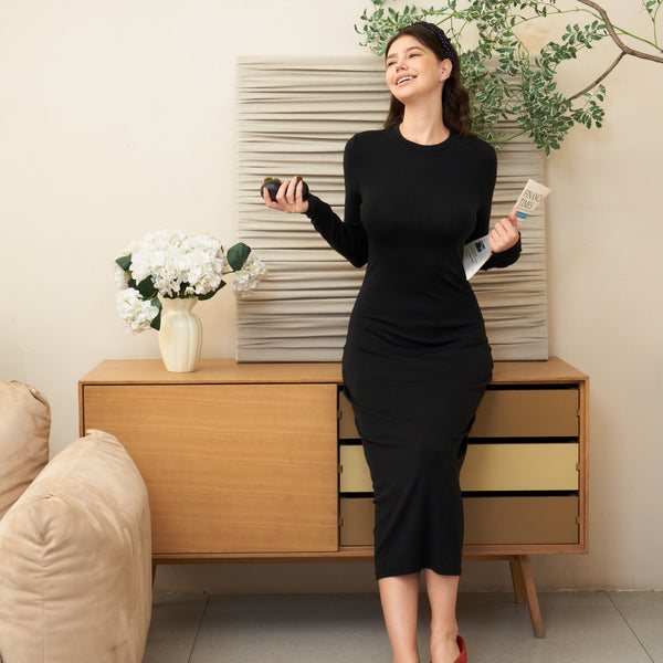 Tencel & Merino Wool Crew Neck Long Sleeve Maxi Dress
