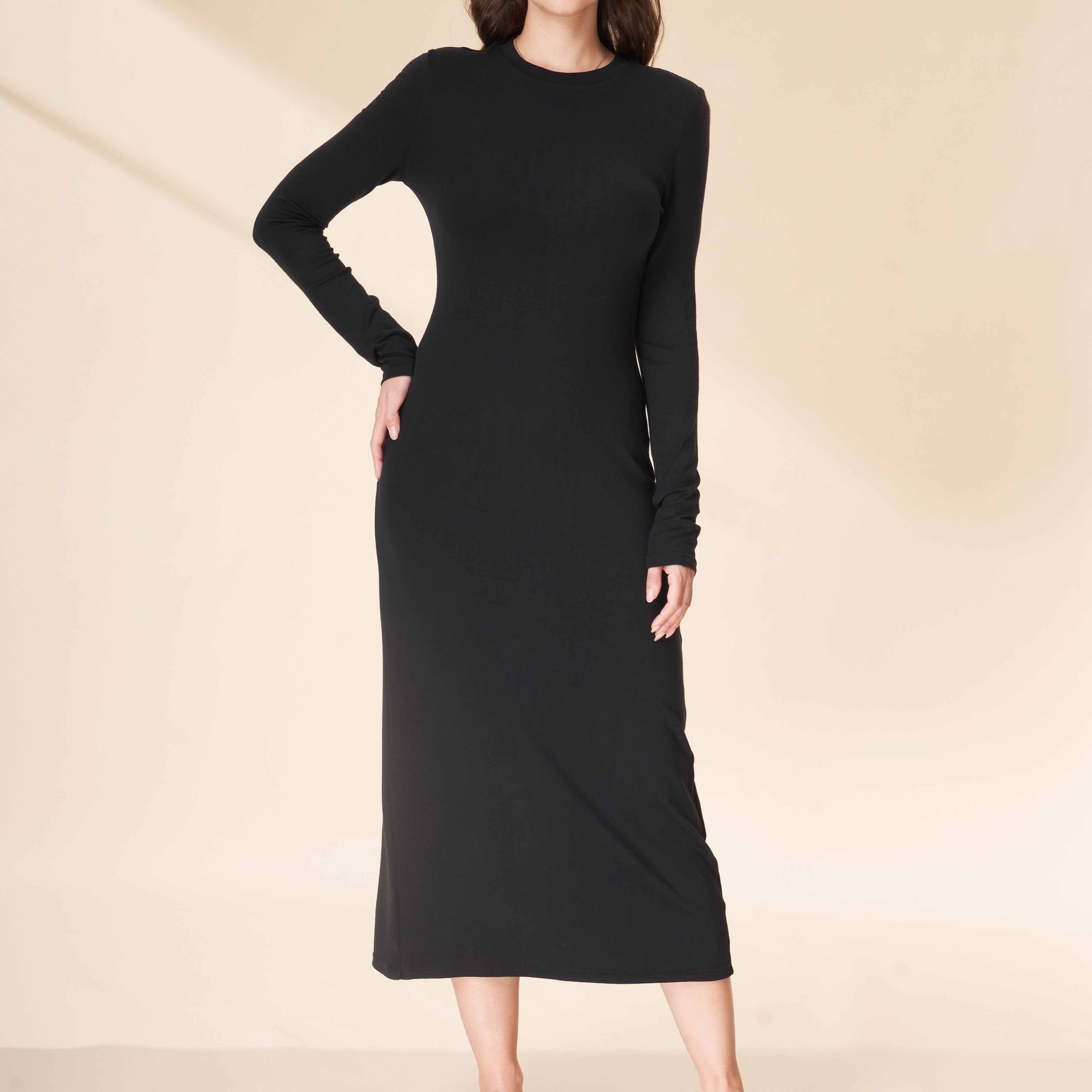 Tencel & Merino Wool Crew Neck Long Sleeve Maxi Dress