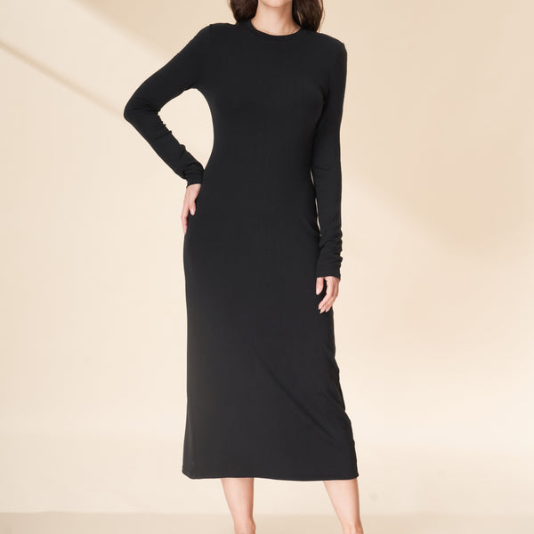 Tencel & Merino Wool Crew Neck Long Sleeve Maxi Dress