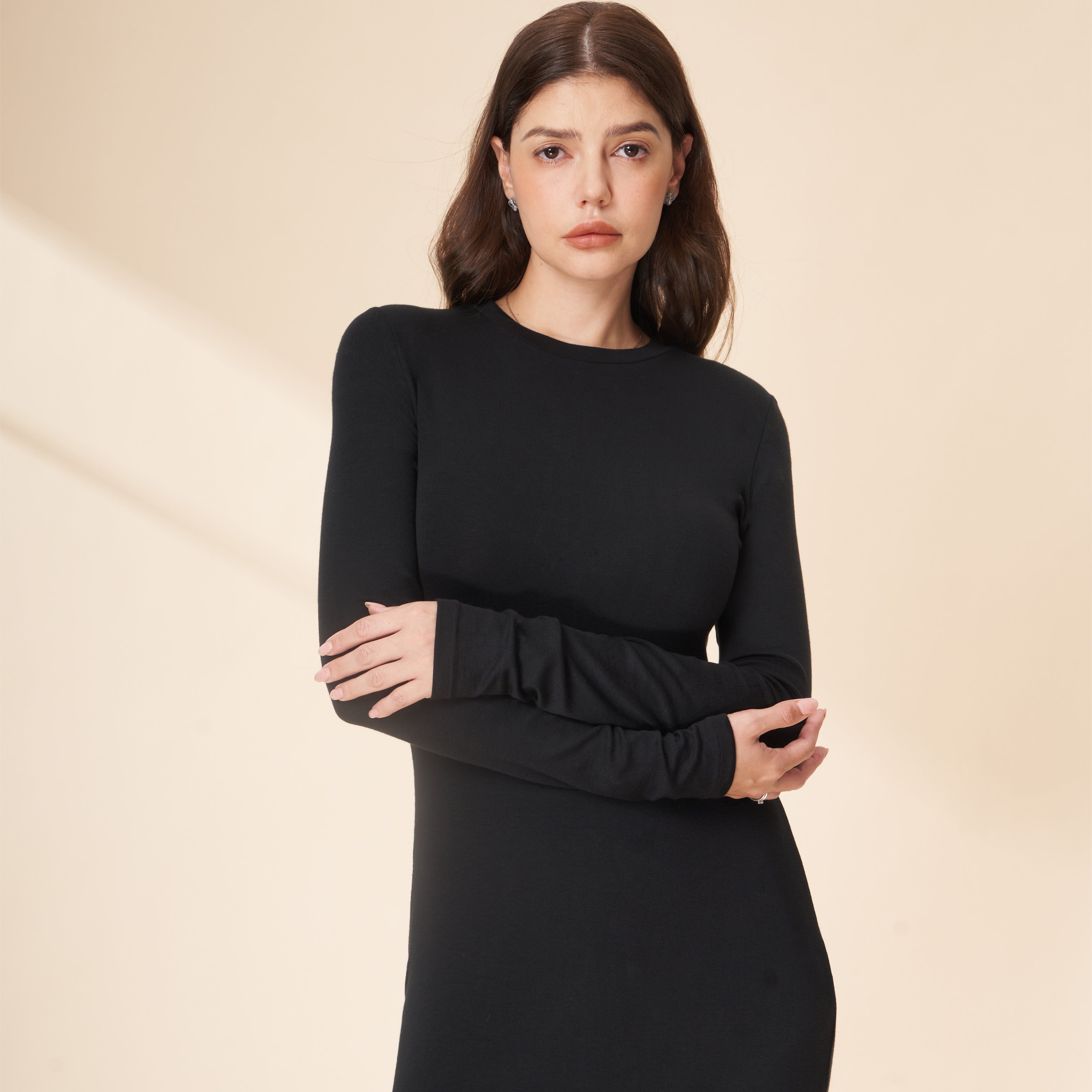 Tencel & Merino Wool Crew Neck Long Sleeve Maxi Dress