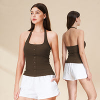 Tencel Ribbed Halter Tank Top-Brown