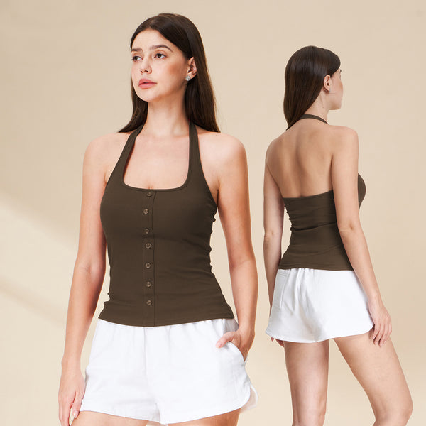 Tencel Ribbed Halter Tank Top-Brown